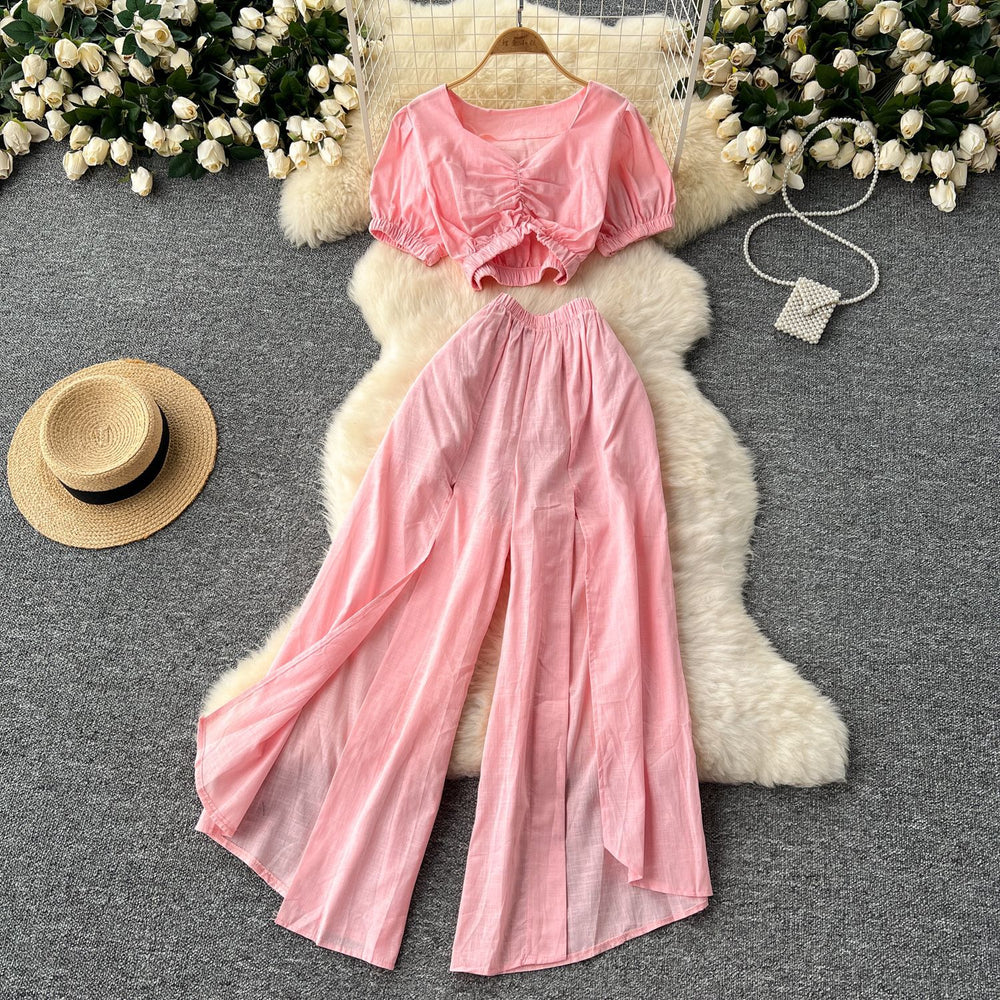 Sense of design scheming pleated v neckshort puff sleeve tops women's two-piece setsummerhigh waist slit loose pants