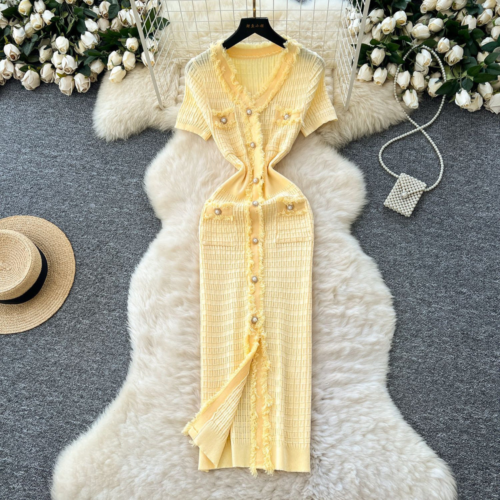 Xiaoxiangfengclassy raw edge v neck short-sleeved knittingdress women's summer waist single-breasted silm long skirt