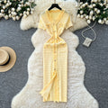 Xiaoxiangfengclassy raw edge v neck short-sleeved knittingdress women's summer waist single-breasted silm long skirt