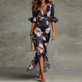 summer new arrival: european and american style, vintage elegant v-neck slim-fit cross-border printed ruffle hem maxi dress