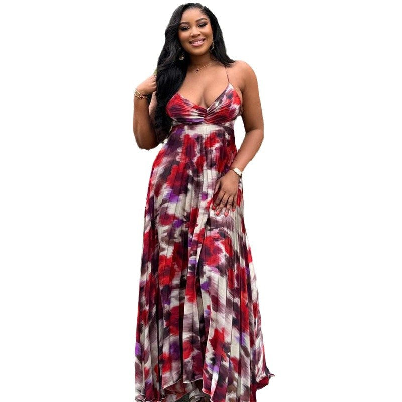 Spot   African printing pleated suspender long dress  European and American large size sexy dress women
