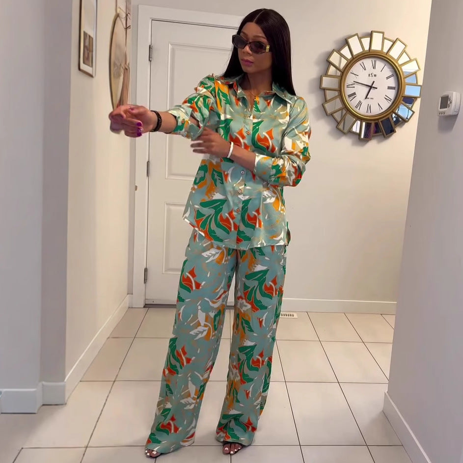 European and American fashion women's clothing lapel collar long-sleeved cardigan shirt trousers women's African temperament foreign style women's new two-piece set