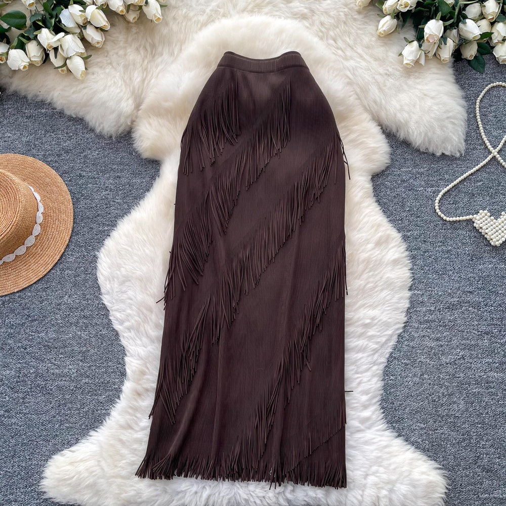 K-style tassel patchwork a-line elegant skirt women's summerhigh waistwork clothingclassy sense of medium long tassel skirt