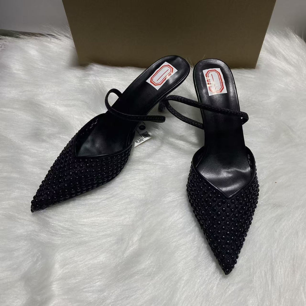 Za2025 summer new korean style red mesh beaded fashionable versatile high heel pointed toe closed-toe mule sandals