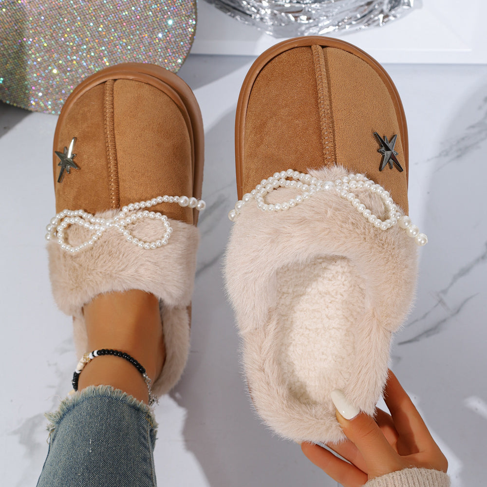 Fleece-linedthickenedheattech cotton slippers for women new arrival pearl bowsoutwear home indoor soft bottomstuffed cotton slippers