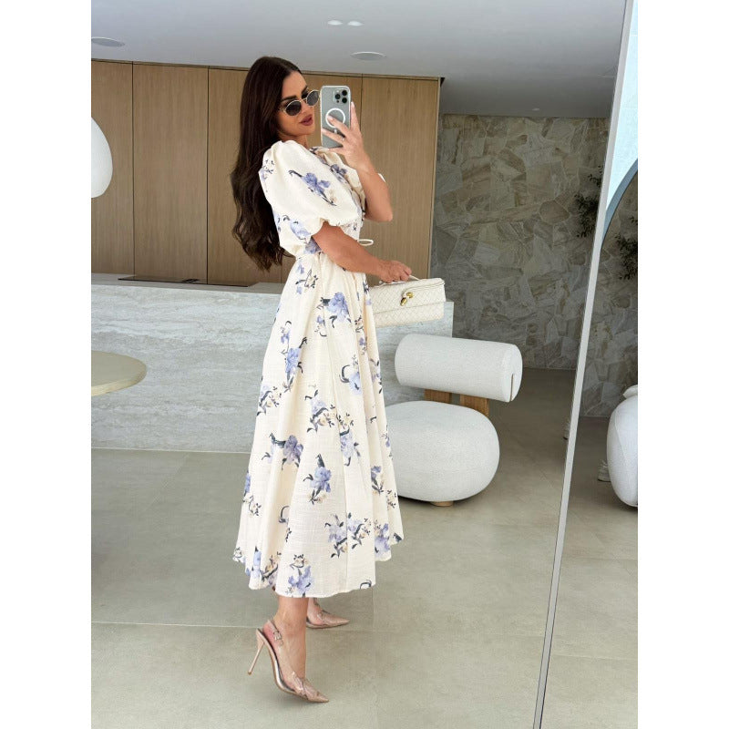 Ebay  fashionnew arrival short-sleeved printing strap large swing dress