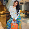 European and american style ins cross-border fashion patchwork women's clothing printing street work clothing a-line skirt round neck long sleeves waist dress