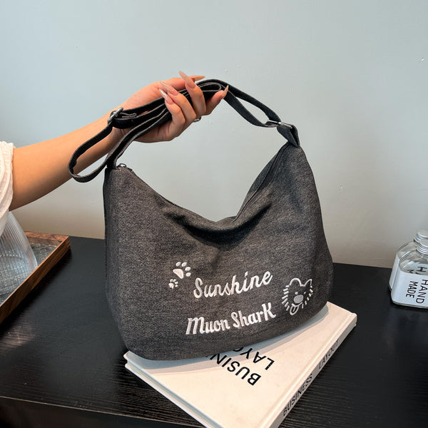 Large Capacity Vintage Alphabet Canvas Tote Bag ins Student Commuter School Bag Denim Shoulder Bag Tote Bag Women