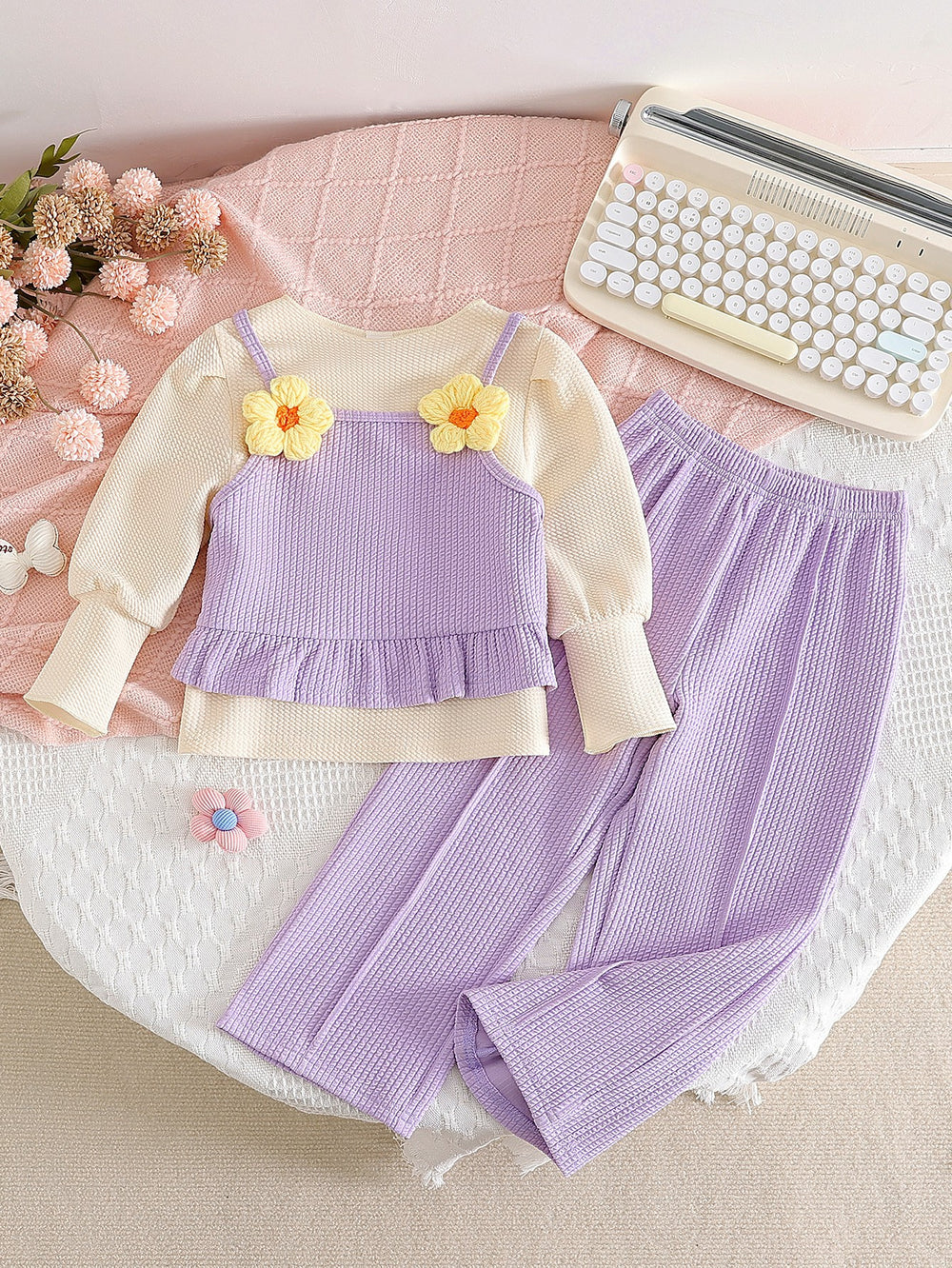 new autumn cross-border girls' 3-piece set: 3d floral cute camisole, long-sleeved top, and pants
