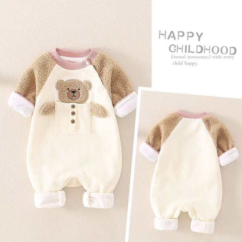 Baby pure cottonfleece-linedthickenedautumn winter onesie for going out and holding clothes for toddlers, cute super cute khakifashion crawling clothes