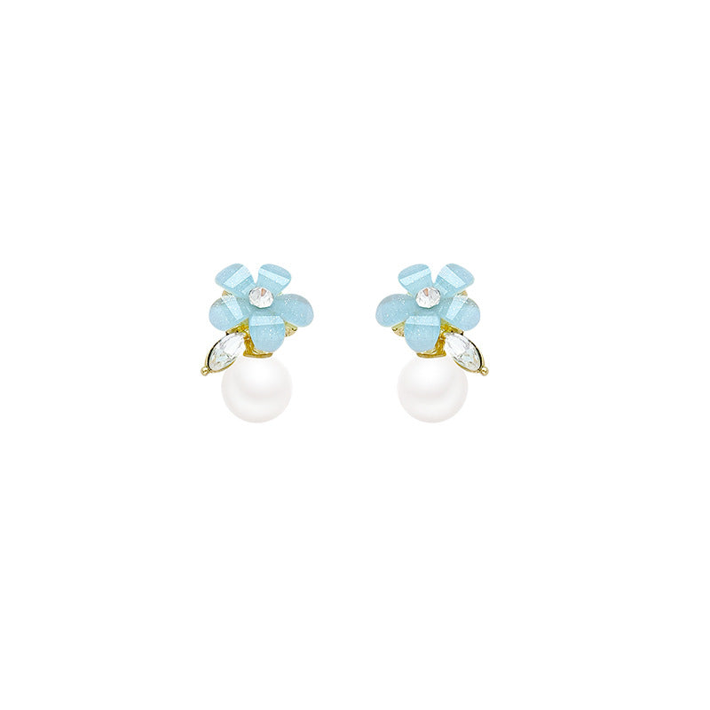 S925 sterling silver needle iced blue floral pearl stud earrings - elegant, chic, and trendy earrings for women