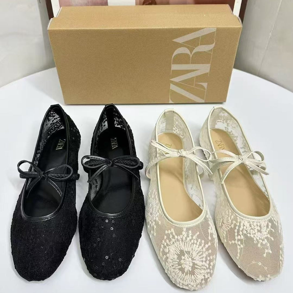 Za autumn new arrivals 2025: modern chinese style 3cm heel breathable lace hollow-out flats with bow detail – perfect for skirts and dresses