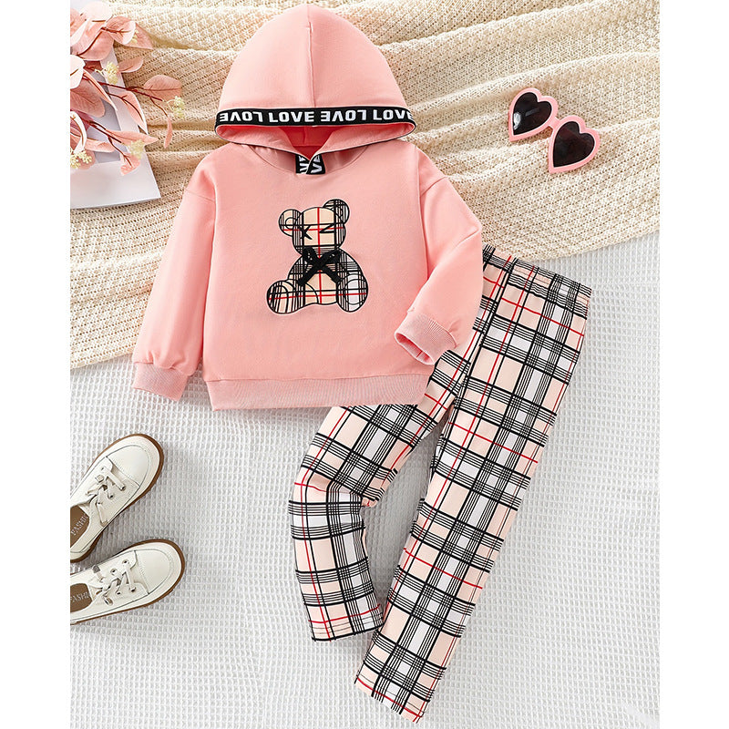 Autumn cross-border kids' hoodie two-piece set: casual bear plaid pants & hooded sweatshirt - girls' pullover style