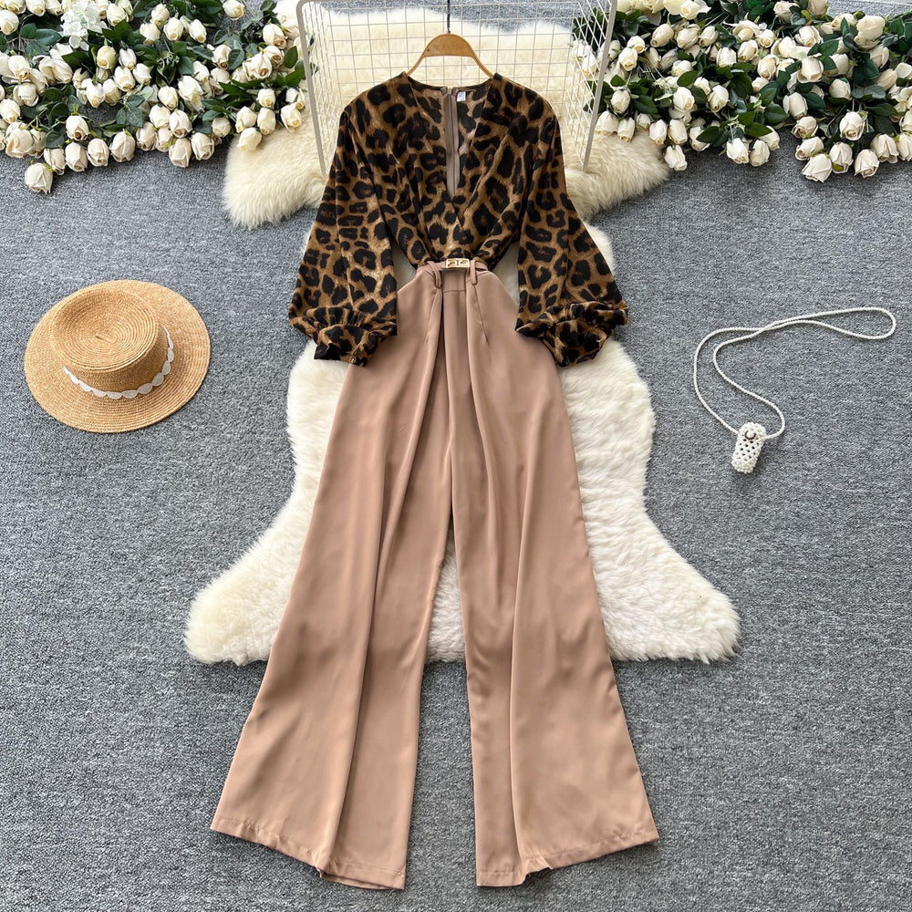 Accessible luxuryfashionclassy sense leopard print jumpsuit women's autumn puff sleeves cross collar wide leg drapedilm slimming look royal sister pants