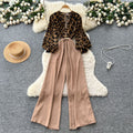 Accessible luxuryfashionclassy sense leopard print jumpsuit women's autumn puff sleeves cross collar wide leg drapedilm slimming look royal sister pants