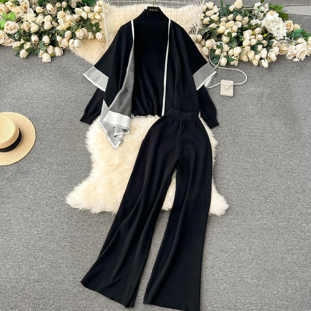 Fall and winterloose lazy style shawl cloak outwear high collar pullover knitting shirt sweatercasualloose pants three-piece set
