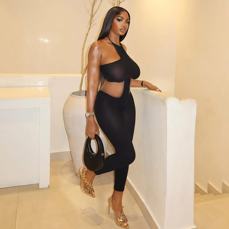Fashionable european and american solid color women's fashion design bodycon streetwear jumpsuit sexy backless bandeau halter bodysuit