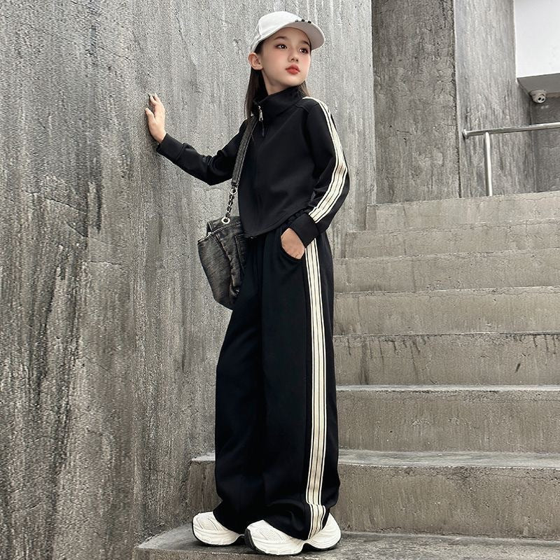 Girls' premium fashion activewear set - new korean style spring/autumn outfit: stylish top & wide-leg pants two-piece set