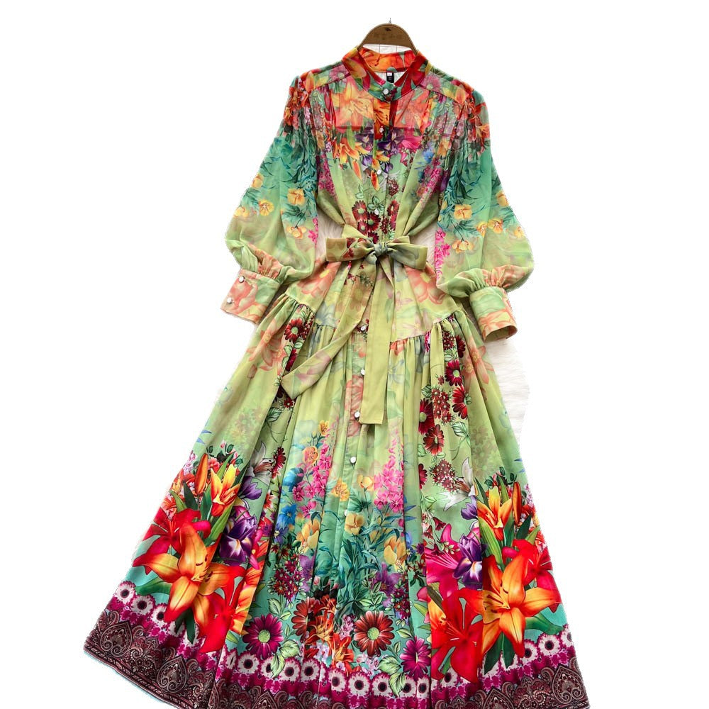 European and american style printed lantern sleeve dress - women's summer single-breasted belted slimming high-end design maxi dress