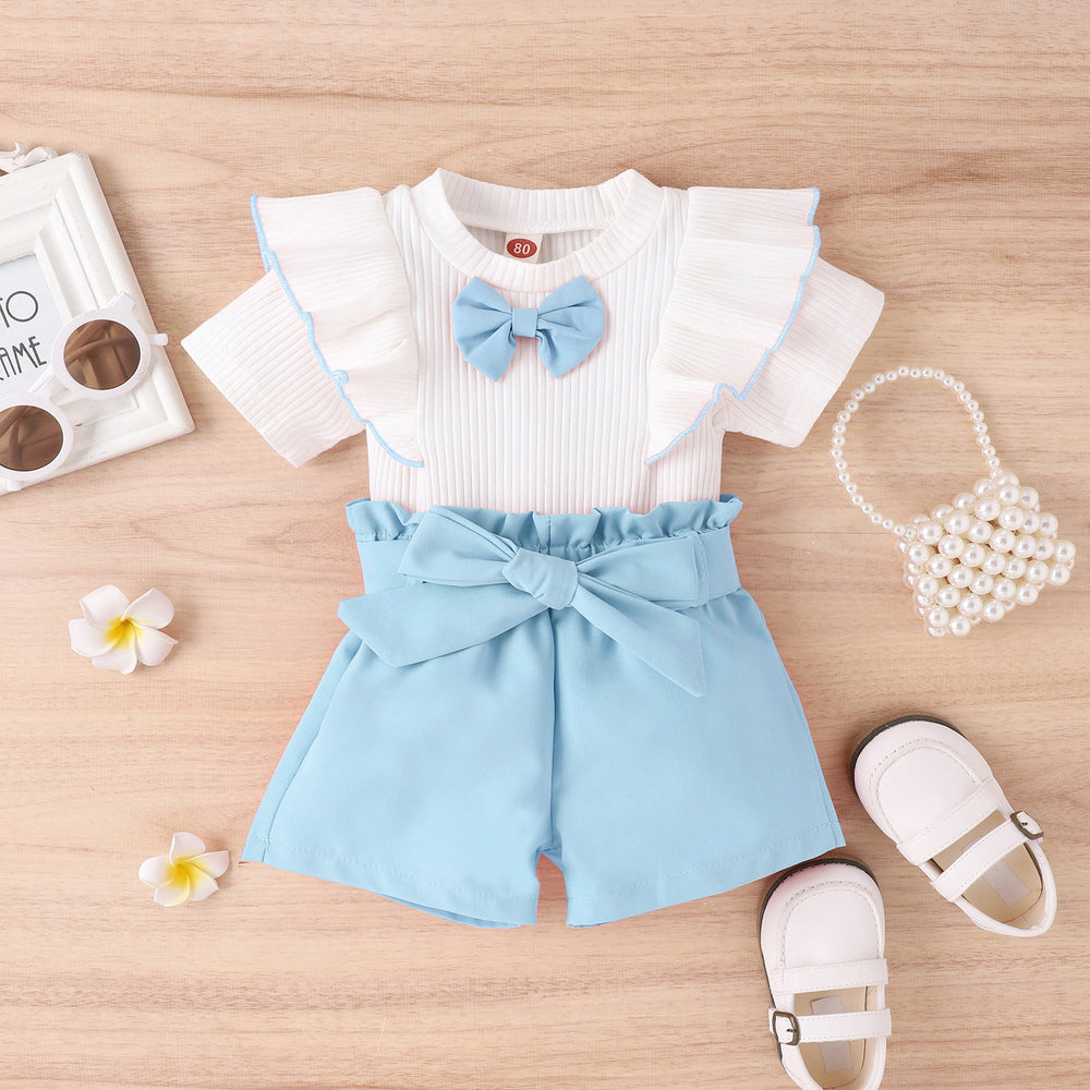 Kids' korean style summer outfit: bowknot short-sleeve ruffle top and belted pants set for girls (pullover style)