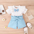 Kids' korean style summer outfit: bowknot short-sleeve ruffle top and belted pants set for girls (pullover style)