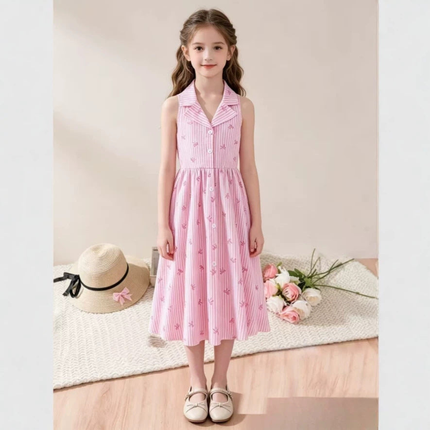 Girls' summer dress: new fashion halter neck sleeveless sweet bow striped european and american casual shirt dress