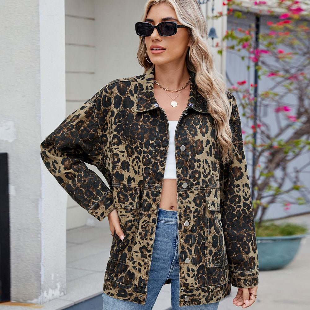 European and american cross-border women's spring new arrivals:  &  washed, versatile, loose-fit leopard print denim jacket/top