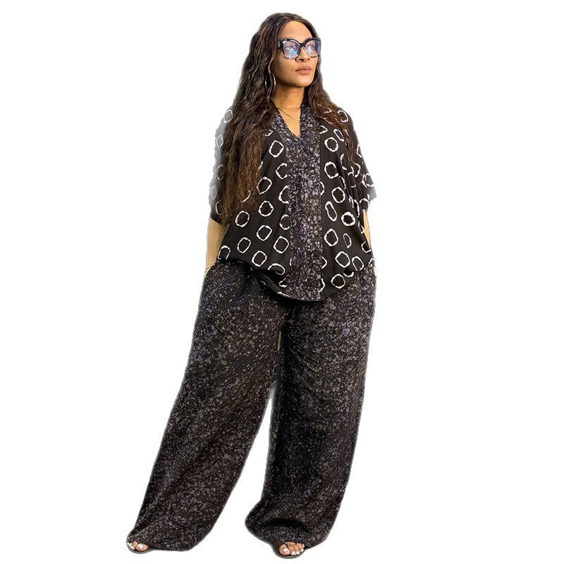 European and american women's clothing  autumn new collection: sweet and fresh printed v-neck batwing sleeve high-waisted straight-leg pants two-piece set