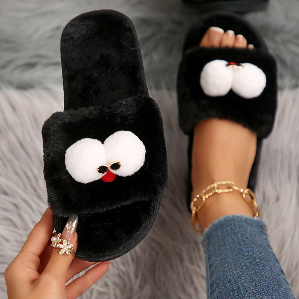 Cartoon cotton slippers for women, autumn and winter outerwear, 2024 new style, flat bottom glasses, large size fleece-linedheattech fur slippers for women