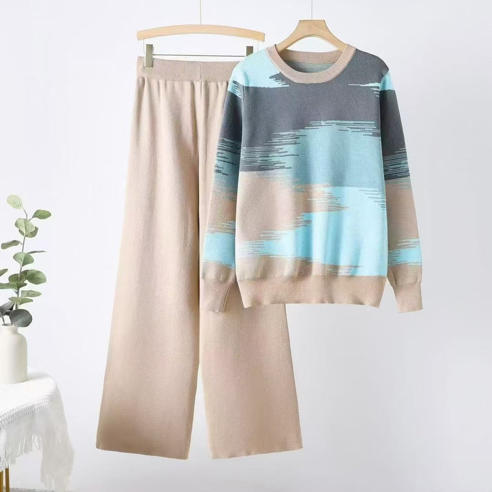 autumn new color block long sleeve crewneck casual top + loose wide leg knit pants set for women
