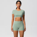 European and american nude feel quick-dry short sleeve yoga set with padded bra, compression workout training shorts, running fitness outfit