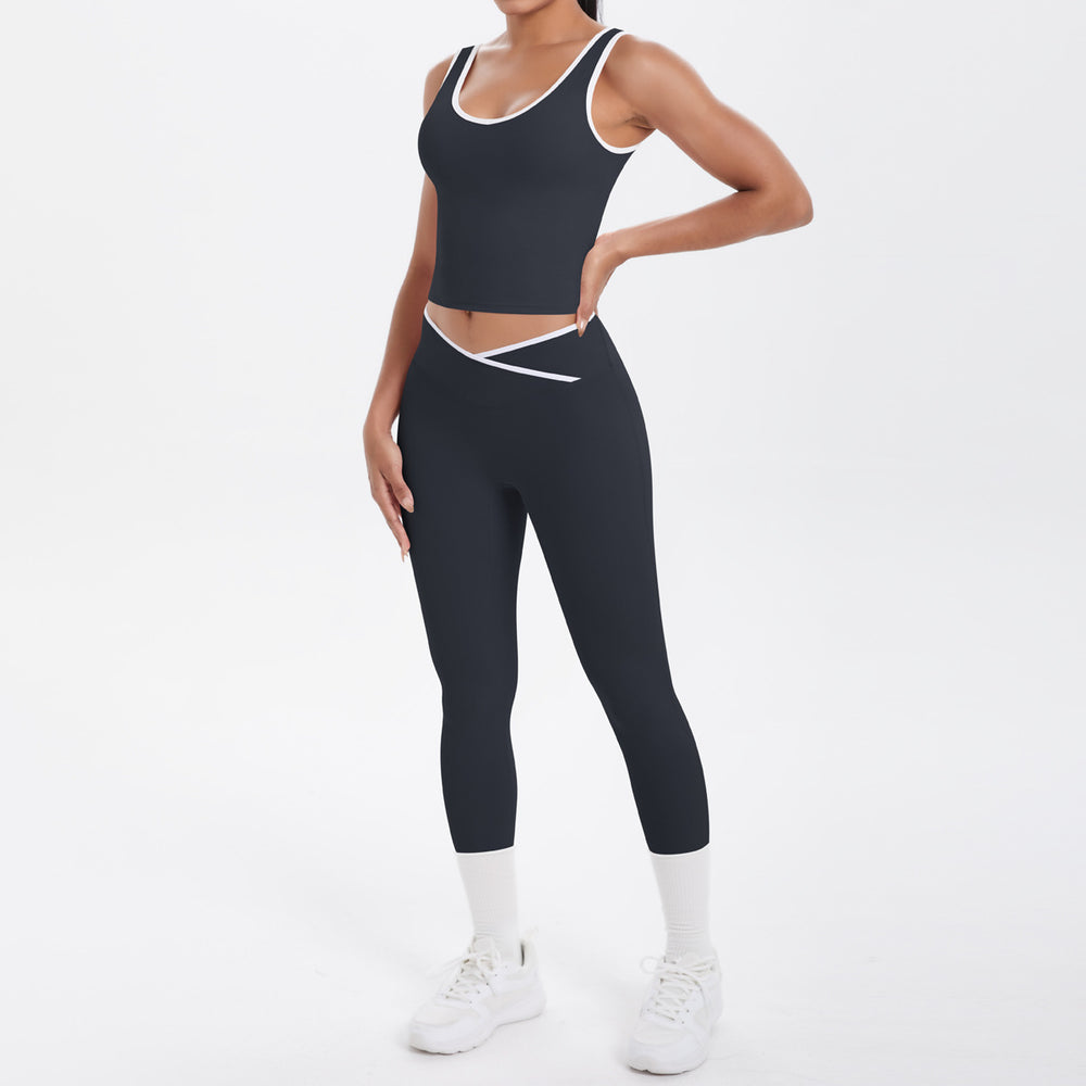 popular double-sided brushed contrast color tight breathable cross yoga suit sports running fitness two-piece set