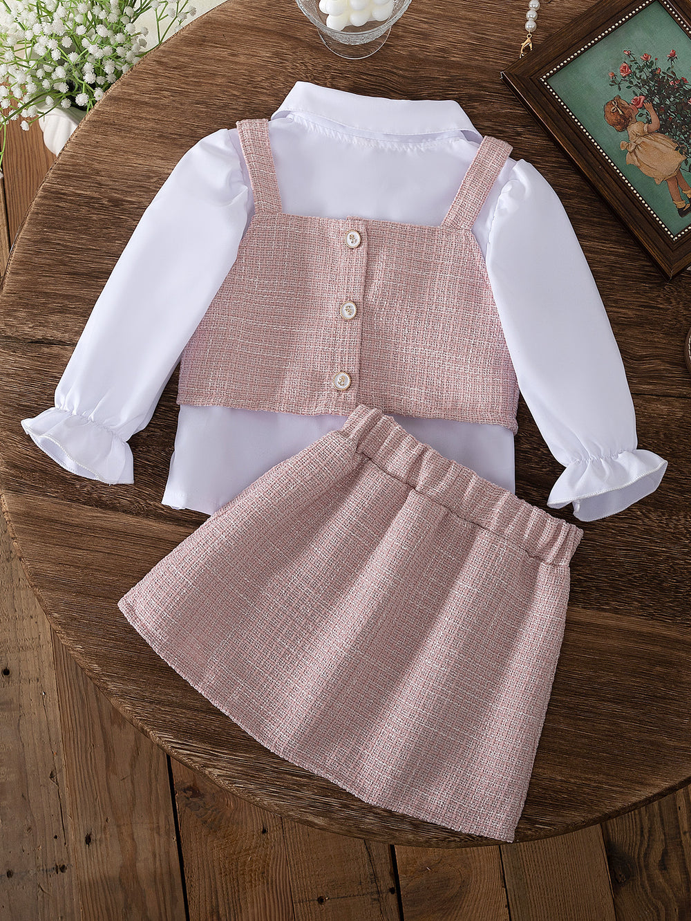 autumn new girls' preppy style shirt, bowknot vest, and a-line skirt three-piece set