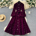 Frenchretroclassy heavy industry nail diamond stand collar lantern sleeves straps waist single breasted large swing velvet dress