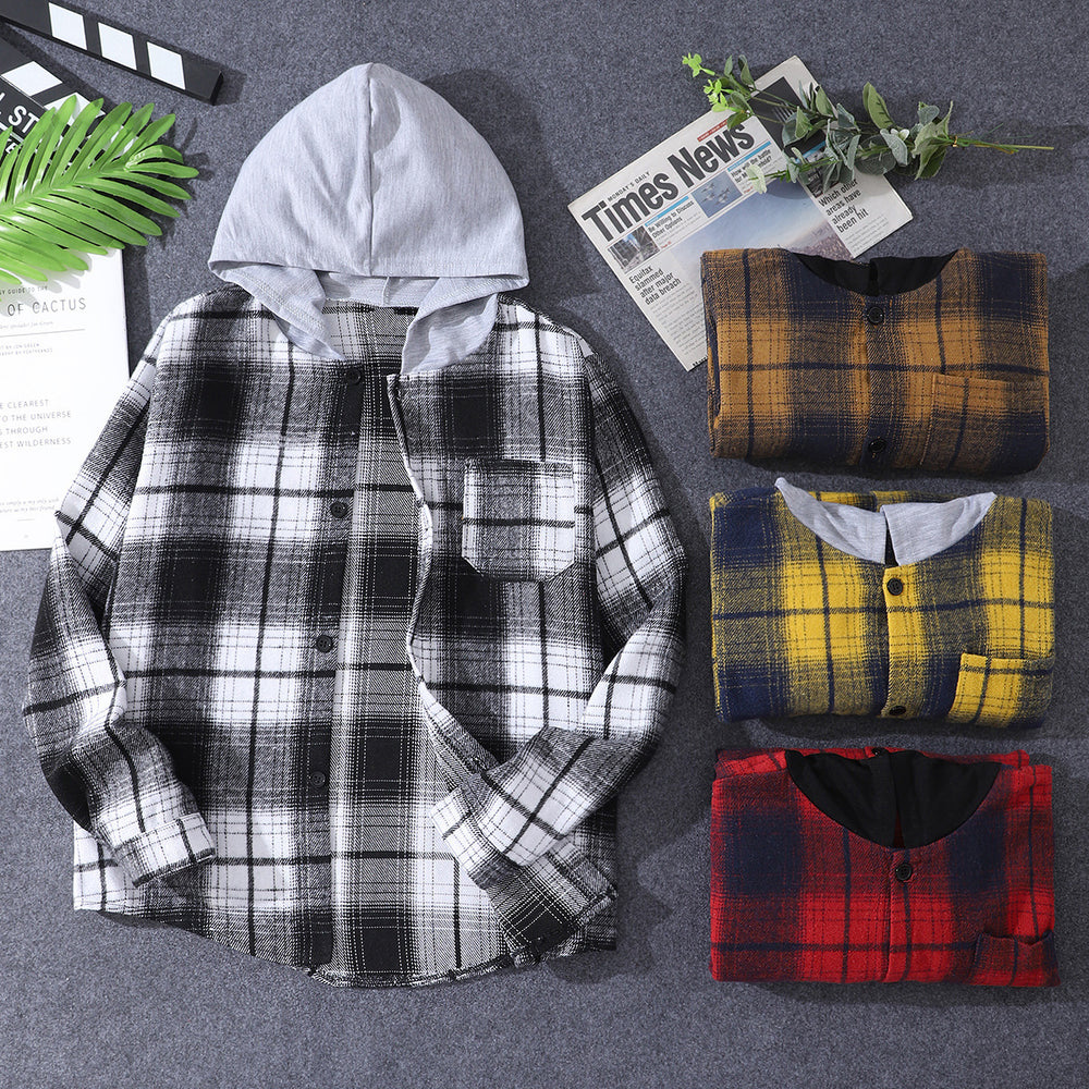 European and american style boys' plaid shirt - fashionable boys' casual warm shirt - korean style plaid hooded jacket shirt
