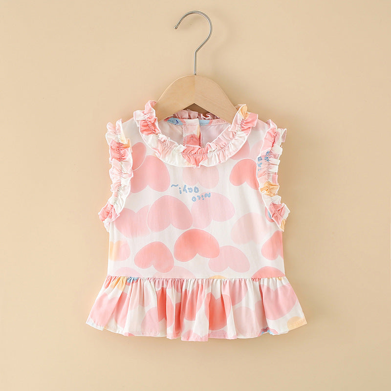 Girls' cotton rayon top - cartoon print, loose-fit, breathable, cute summer lightweight pajama set with lace trim