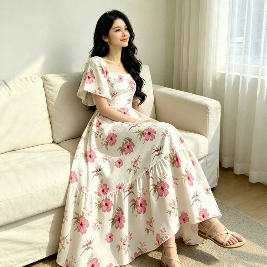 European and american  summer new sweet vacation style puff sleeve square neck rose print cinched waist dress