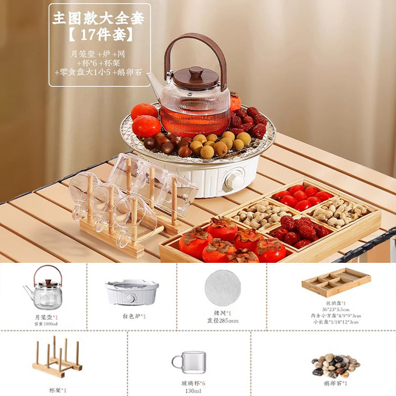 Electric ceramic stove tea set - complete tea brewing kit for home use: includes glass teapot, electric oven, tea cups, fruit plate, and tea accessories