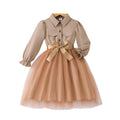 Girls' dress for toddlers and young children, featuring a collared, long-sleeved top paired with a mesh skirt