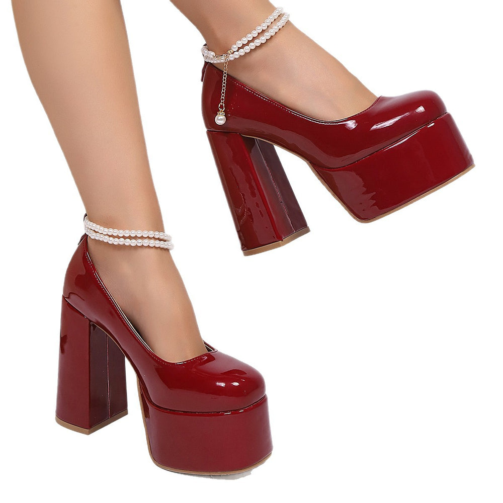 Export mary jane flats women's spring & fall waterproof thick heel super high heel beaded high heel plus sizefrenchretroflats