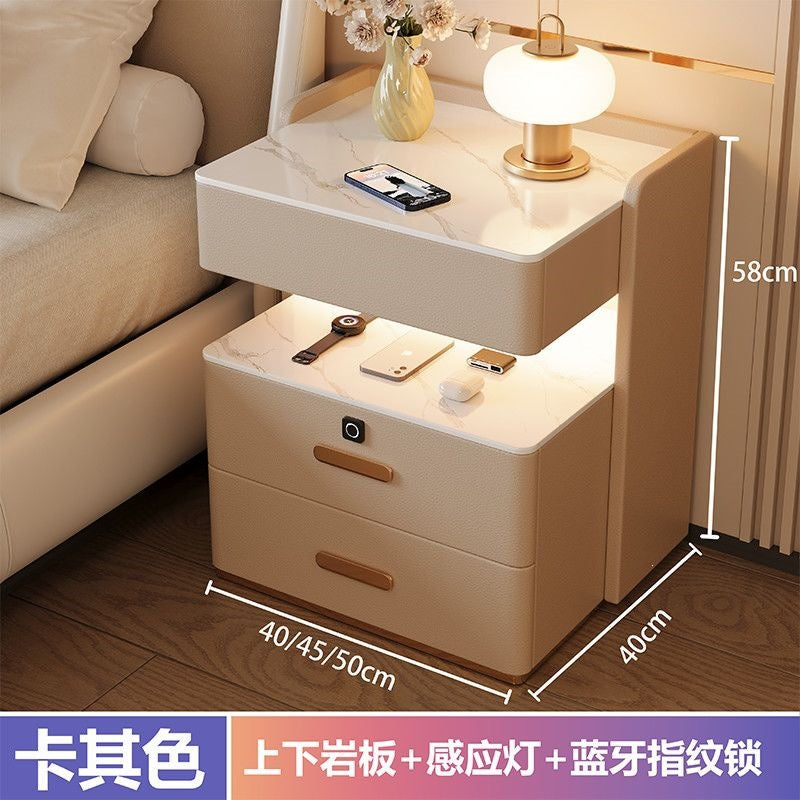Solid wood smart light luxury bedside table - modern, high-end, home bedroom, minimalist, multifunctional, wireless charging & storage