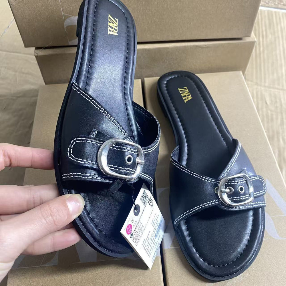 Za 2025 summer new women's flat sandals - leather strap outdoor sandals - black one-strap versatile sandals