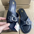 Za 2025 summer new women's flat sandals - leather strap outdoor sandals - black one-strap versatile sandals