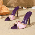 Luxury-style purple studded heeled mules - women's summer pointed-toe stiletto fashion slippers