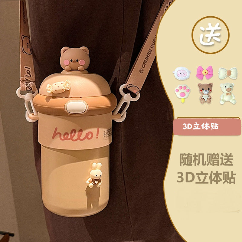 Cartoon bouncing glass cup - large capacity, portable, high-value design for women, cute strapped mug, promotional gift cup
