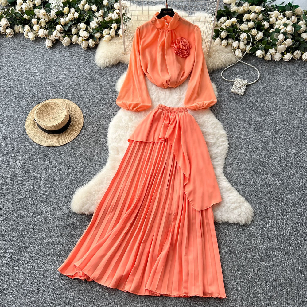 Classy suit women's light mature style elegantstereo flower lantern sleeve chiffon shirt asymmetrical pleated skirt