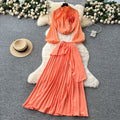 Classy suit women's light mature style elegantstereo flower lantern sleeve chiffon shirt asymmetrical pleated skirt