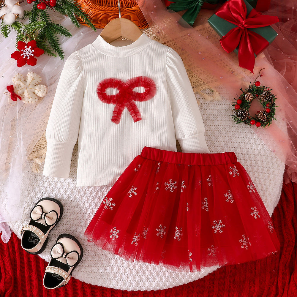 new european and american christmas top with puff sleeves + mesh skirt bow set - hot selling direct from the factory