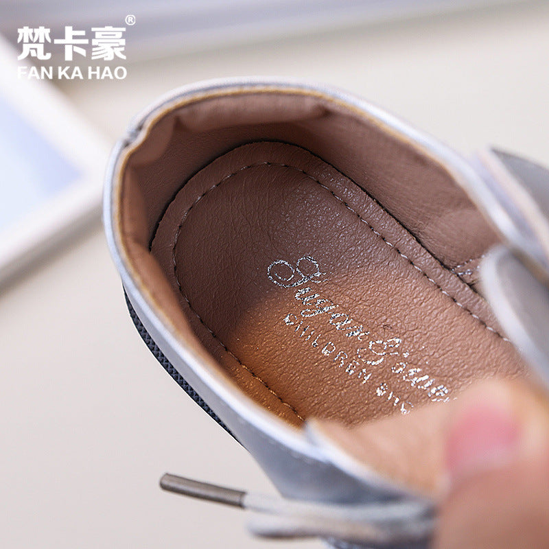 Girls' british style leather shoes, new autumn  collection, kids' lace-up princess shoes, fashionable and versatile black flats