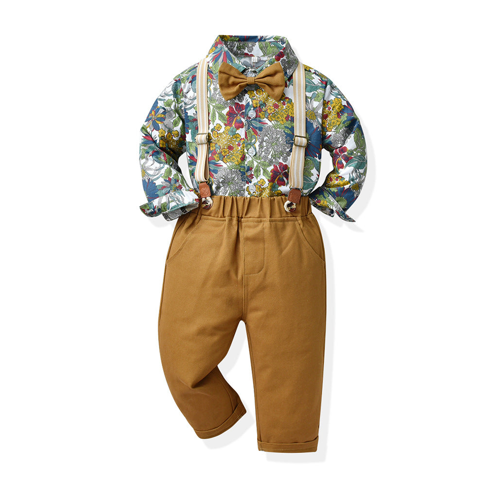 Wholesale foreign trade children's clothing: hong kong style boys' shirt floral top and dark trousers set - new spring collection for cross-border e-commerce